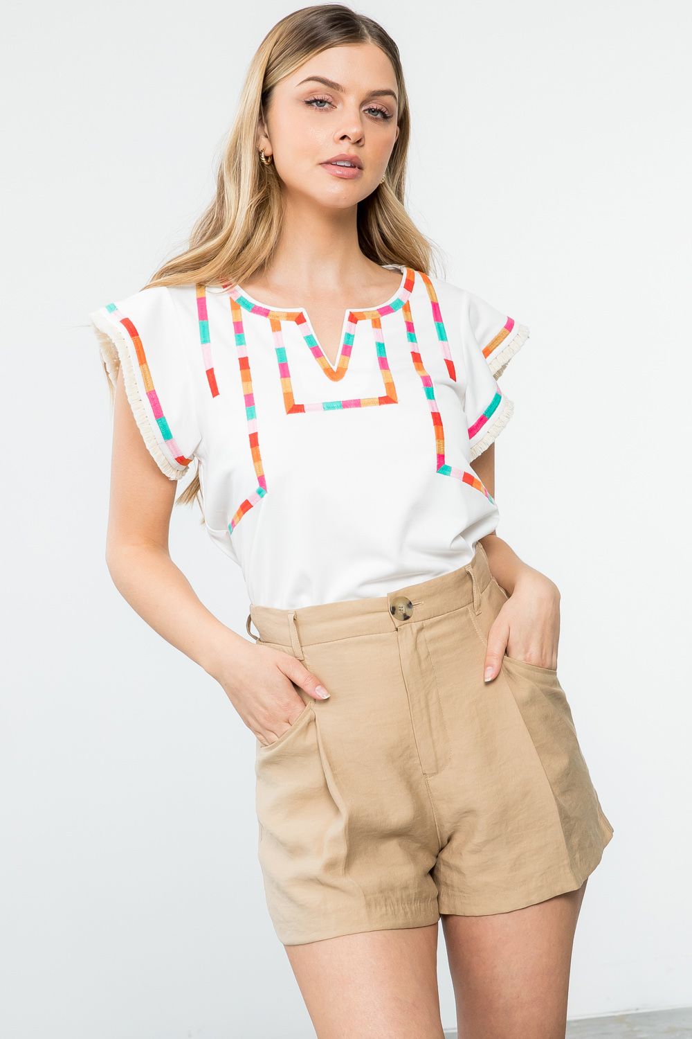 Woman's Flutter Sleeve Embroidered Blouse | White