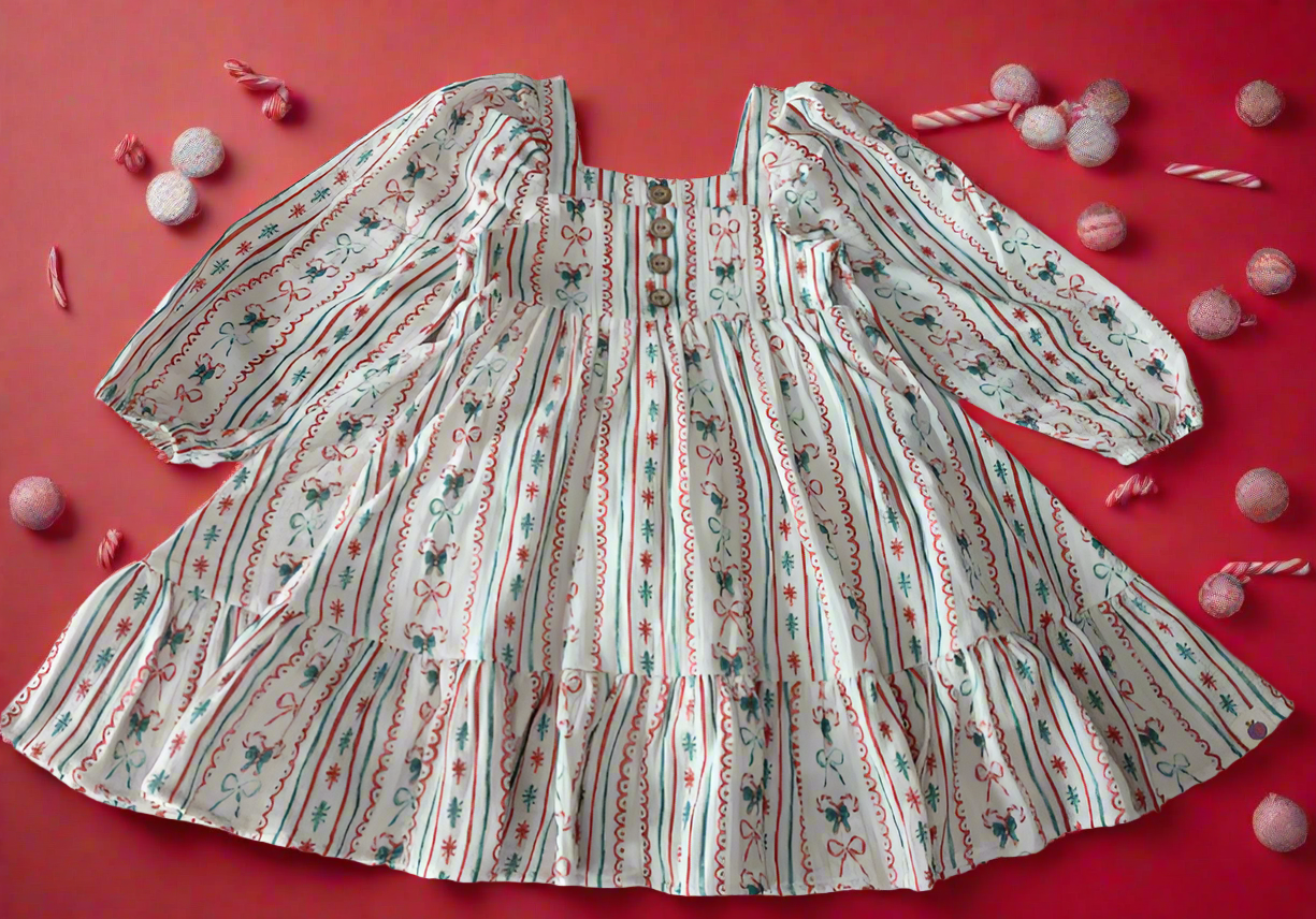 Puff Sleeve Gauze Dress - Festive Stripes