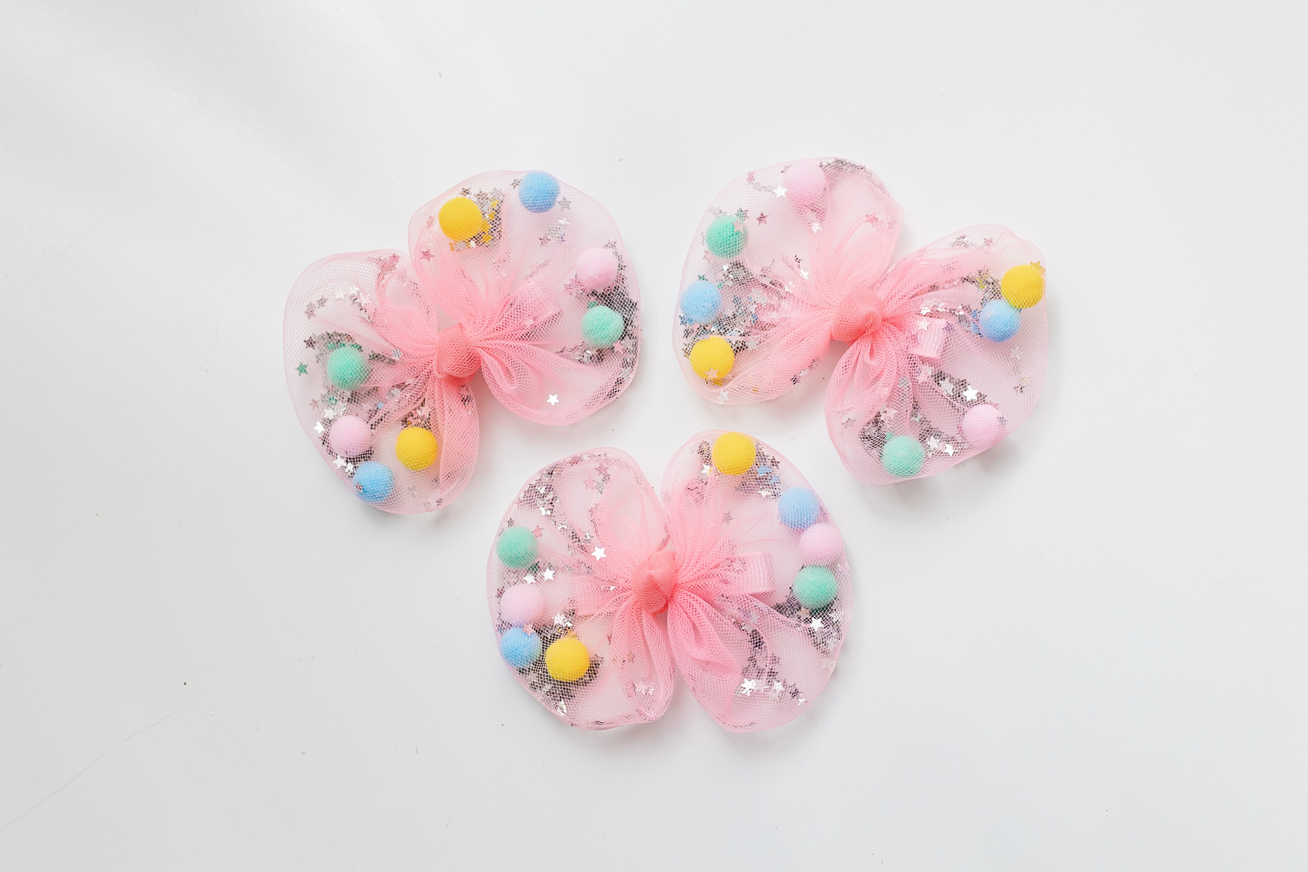 Mesh Sequin Pom Pom Bow - Pink