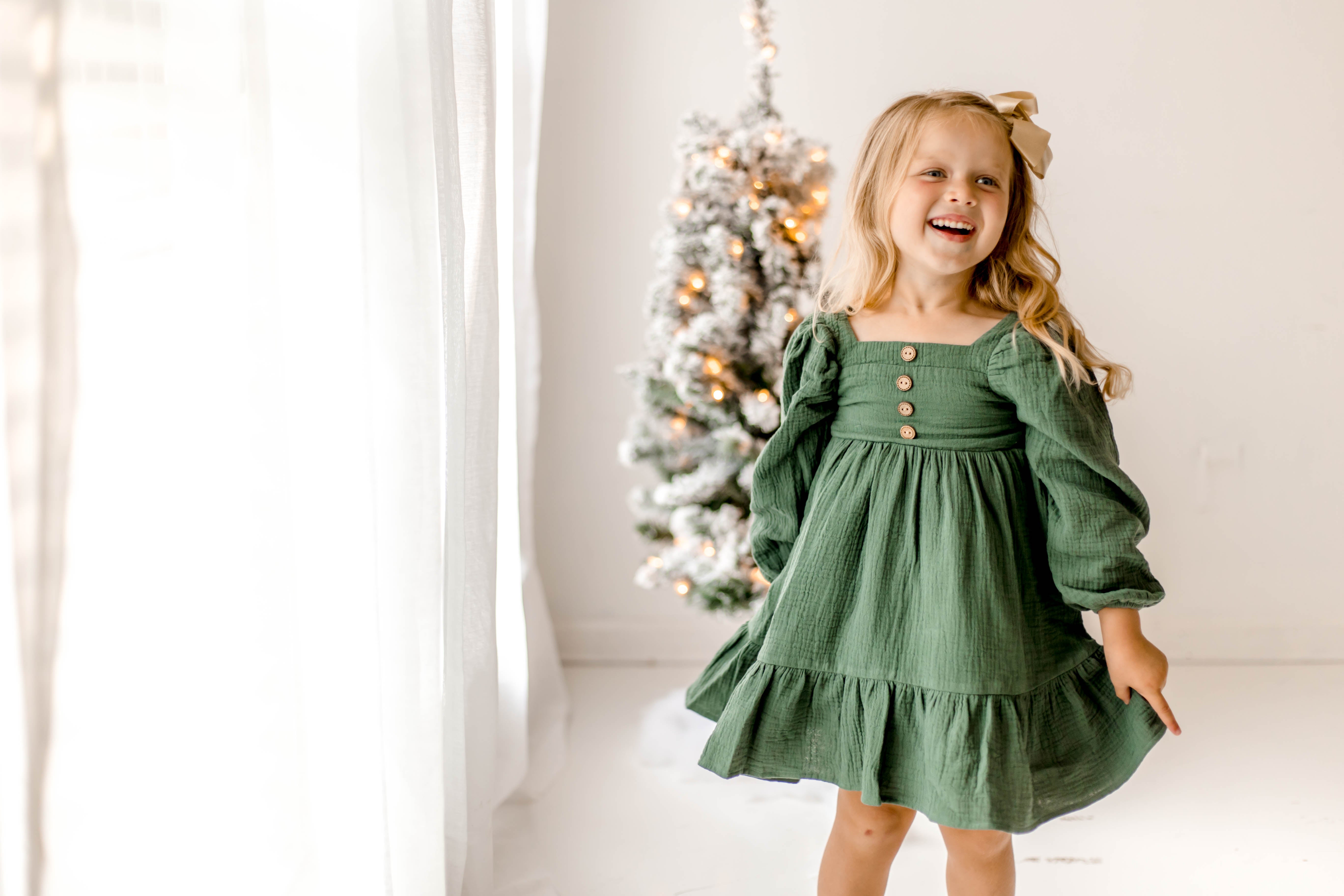 Puff Sleeve Gauze Dress - Pine Green (Pre-Order)