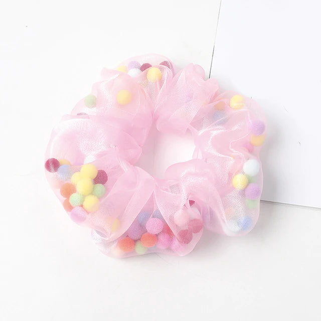 Sheer Pom Pom Scrunchie - Pink