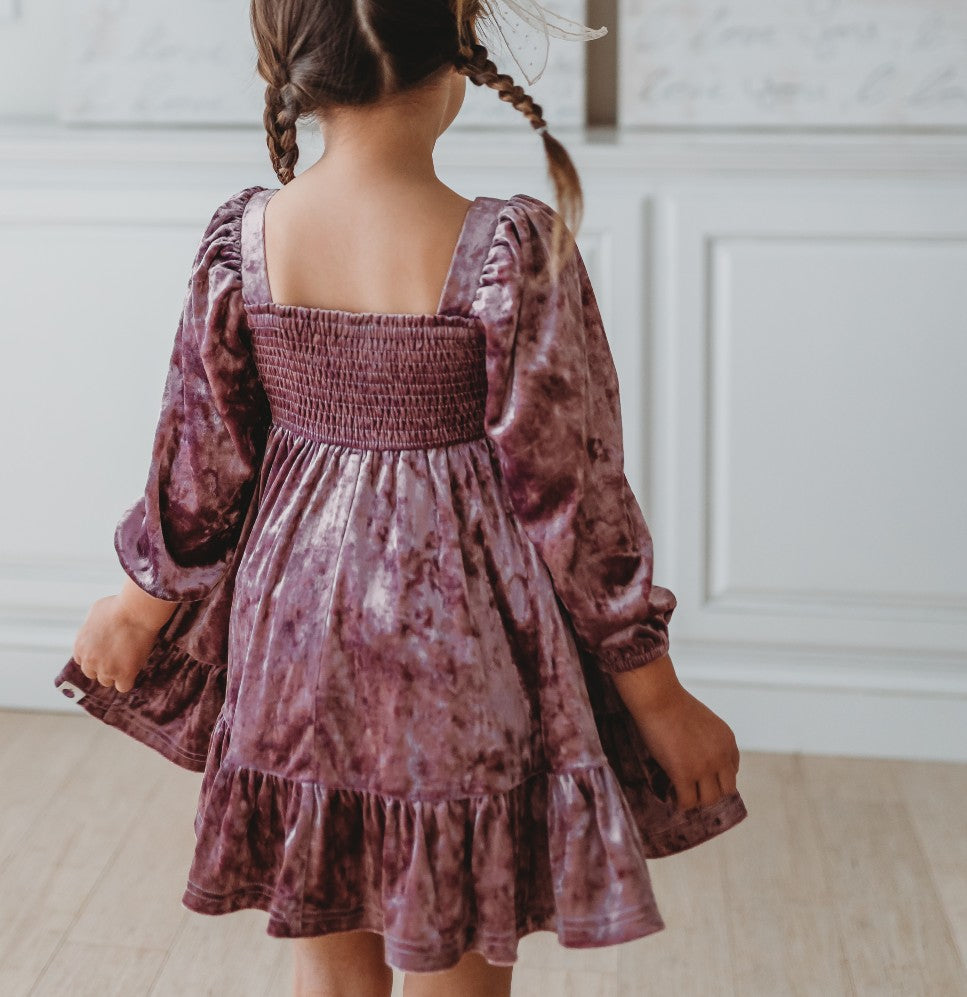 Puff Sleeve Dress - Crushed Velvet Dusty Pink
