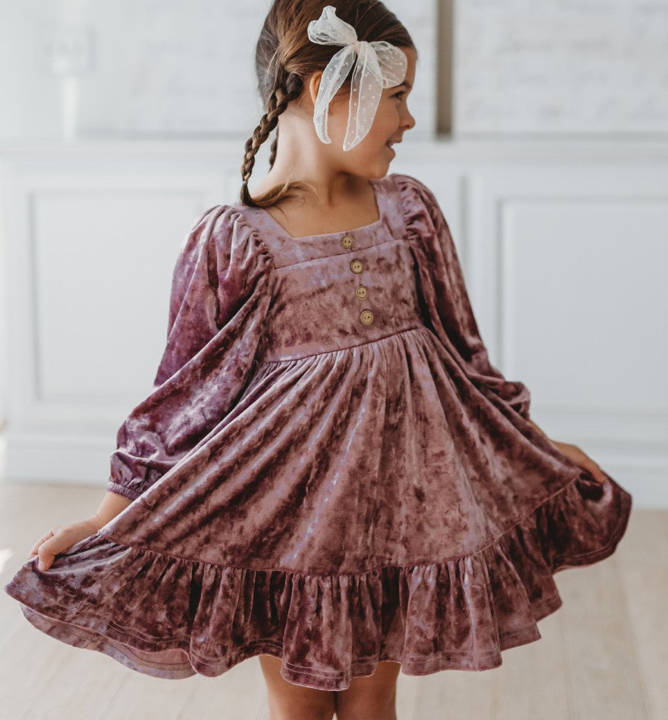 Puff Sleeve Dress - Crushed Velvet Dusty Pink