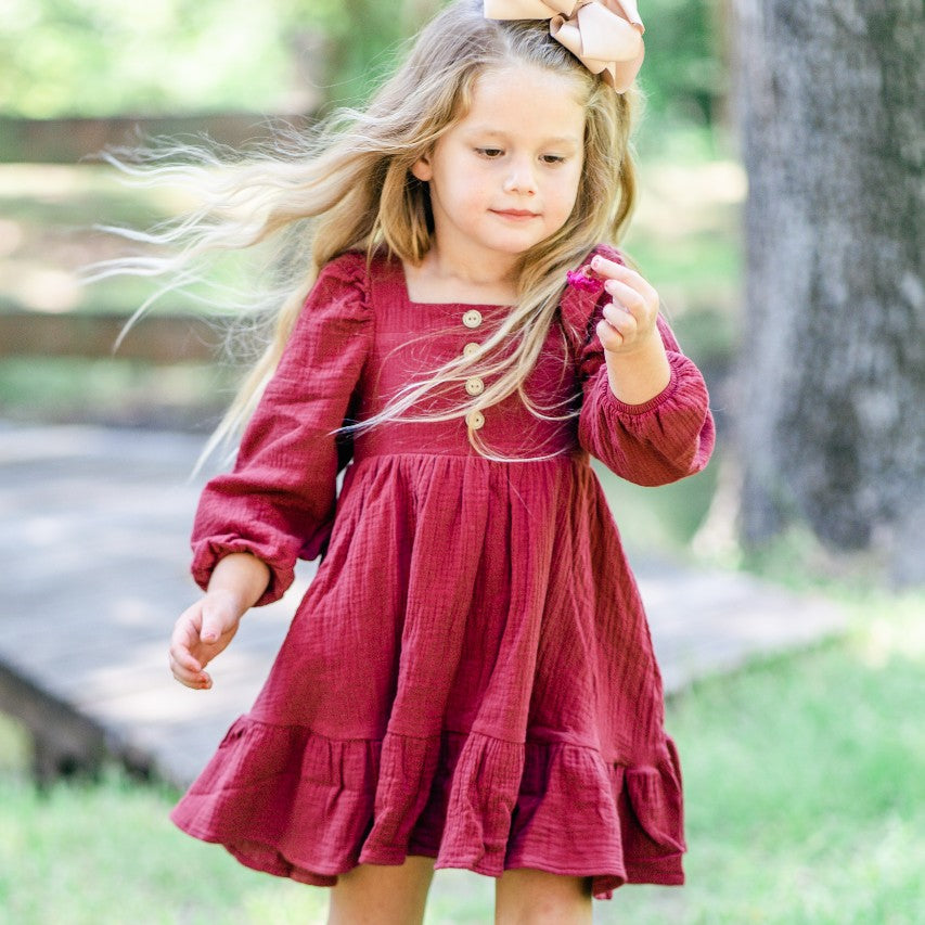 Puff Sleeve Gauze Dress Vintage Red Cheeky Plum