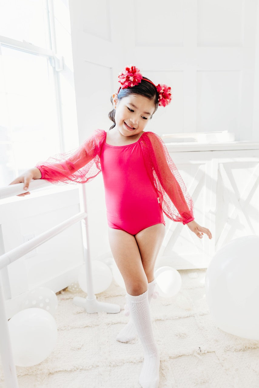 Mesh Long Sleeve Leotard - Hot Pink