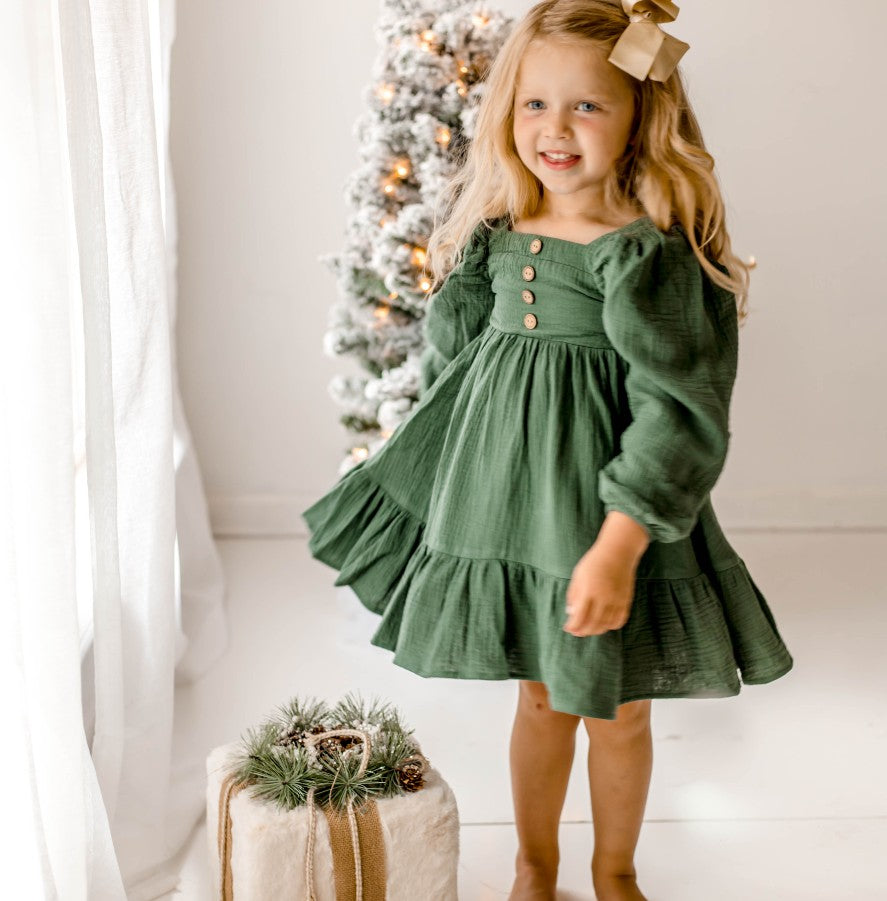 Puff Sleeve Gauze Dress - Pine Green (Pre-Order)