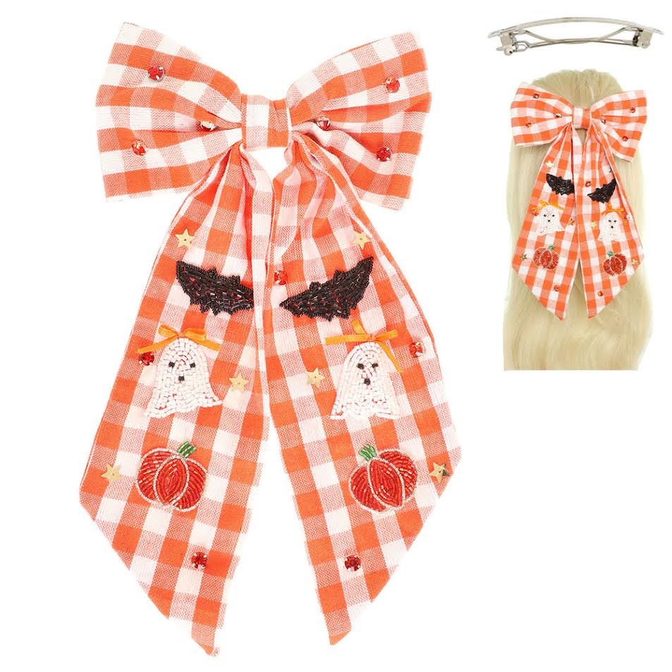 Beaded Hair Bow - Pumpkin Plaid