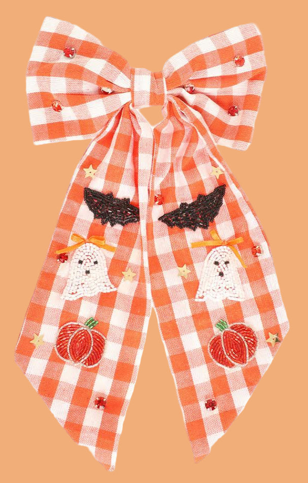 Beaded Hair Bow - Pumpkin Plaid