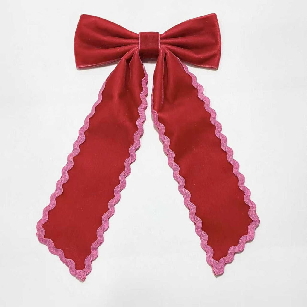 Ruffle Trim Hair Bow - Cherry