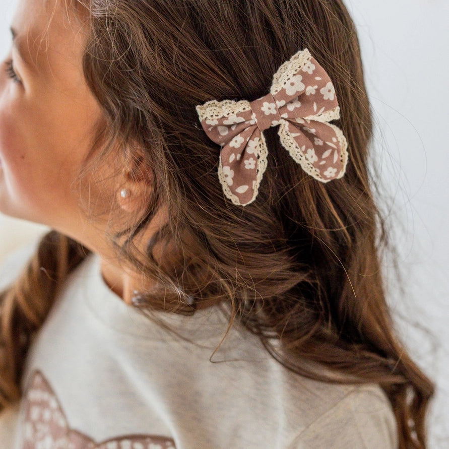 Sweet Wink Mocha Floral Lace Bow Clip Set