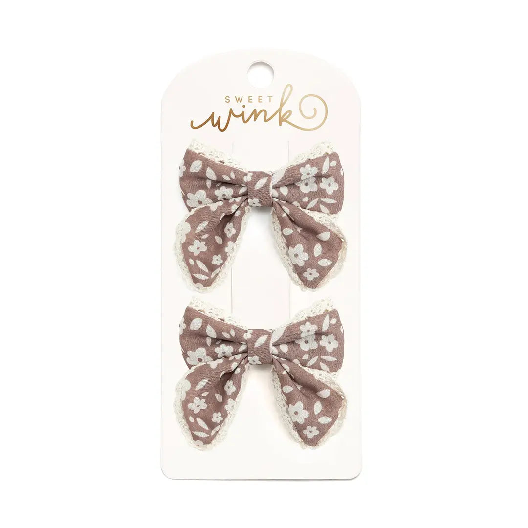 Sweet Wink Mocha Floral Lace Bow Clip Set