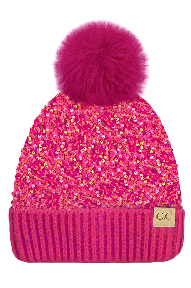 C.C Kids Sequin Fur Pom Beanie - Hot Pink