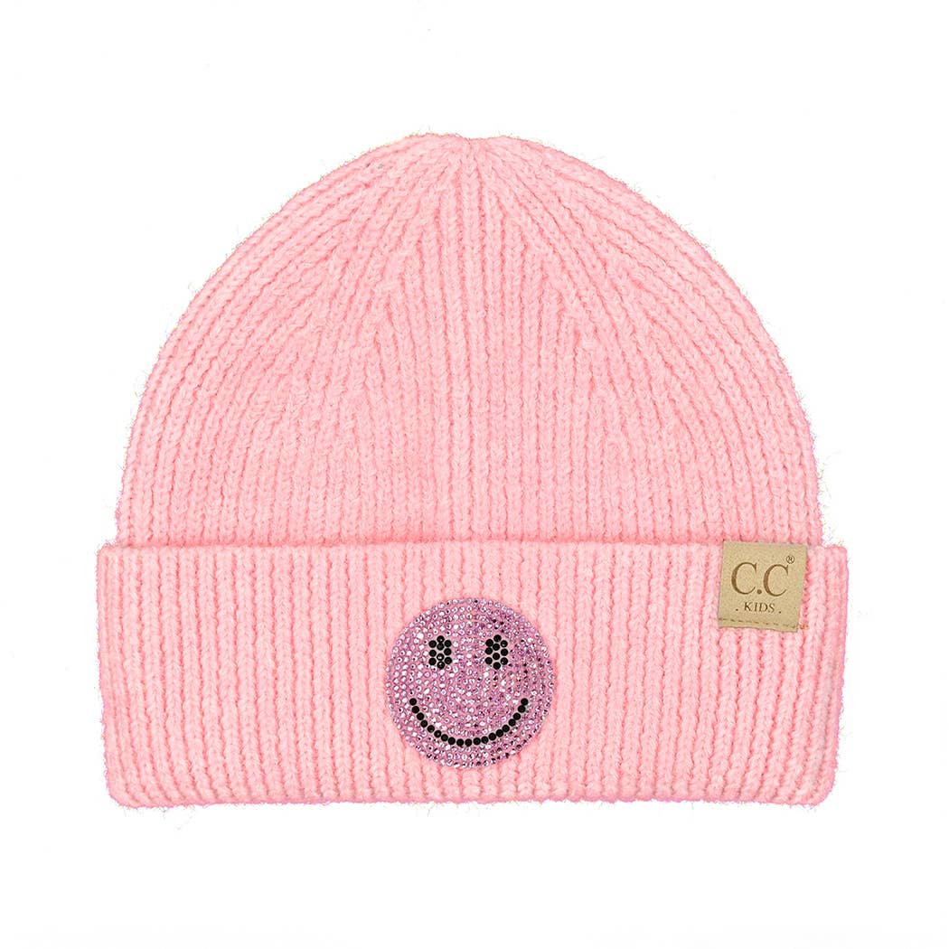 Happy Face Rhinestone Patch Beanie - Pink