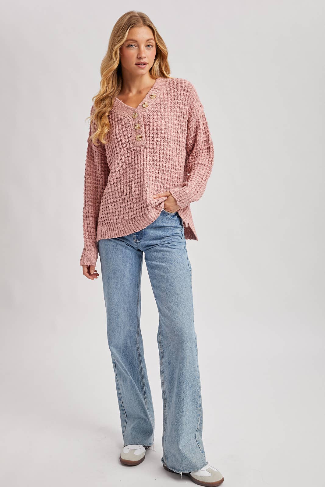 Women's Thermal Henley Sweater - Rose