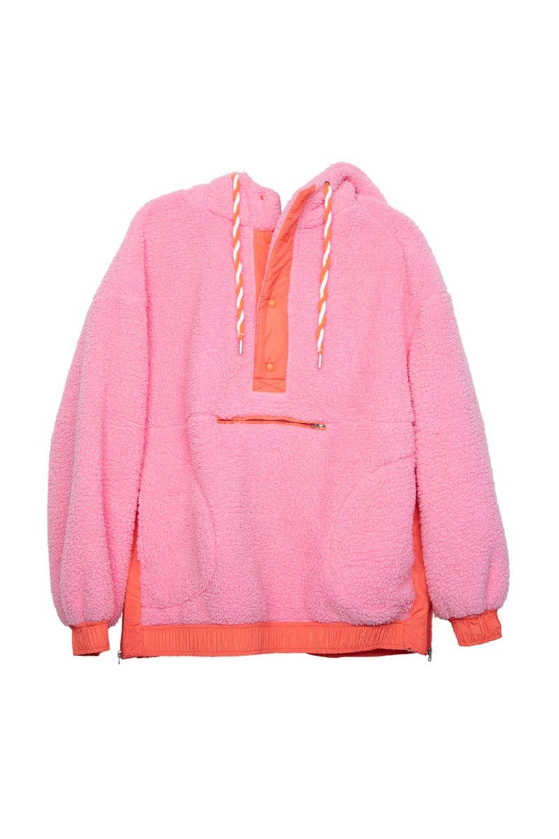 Pink Two-Toned Sherpa Pullover Hoodies: Pink / S