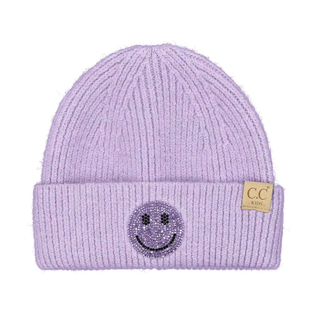 Happy Face Rhinestone Patch Beanie - Lavender
