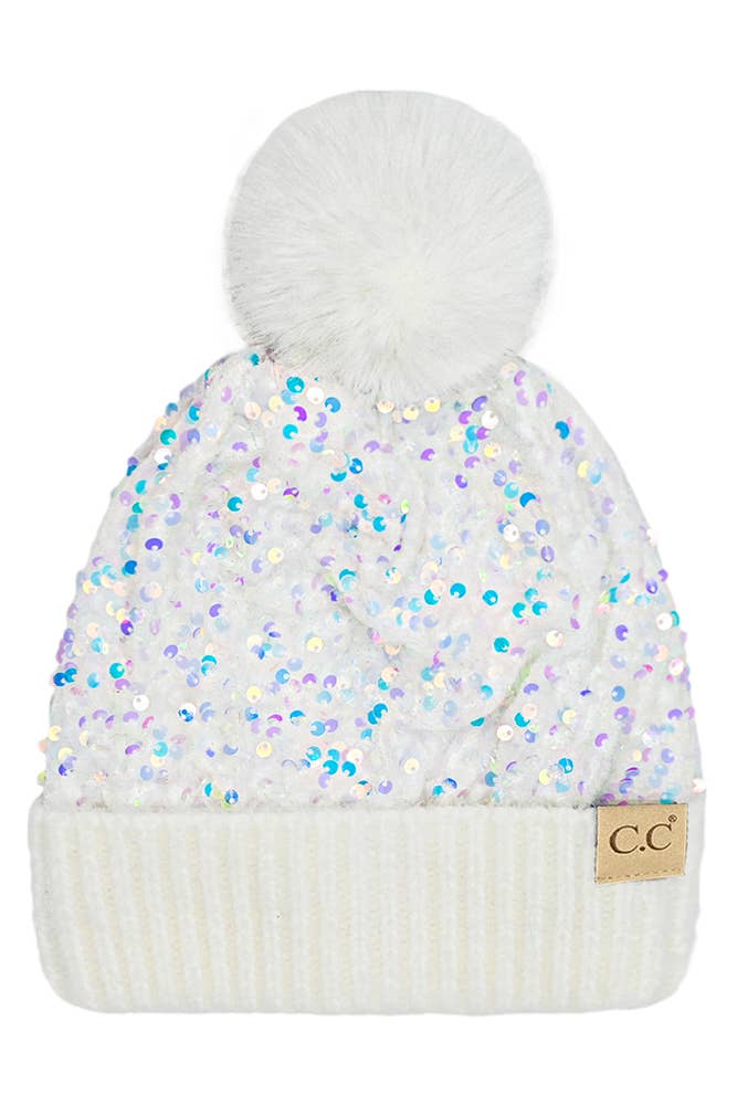 C.C Kids Sequin Fur Pom Beanie - White