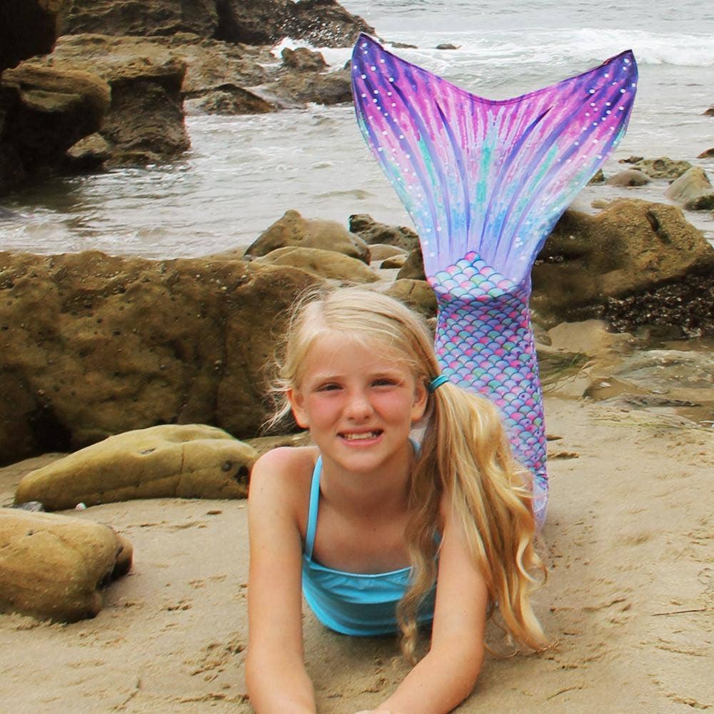 Aurora Borealis Mermaid Tail + Pink Monofin Set for kids, girls, teens, and women (pool toy): XL - Child 10/12