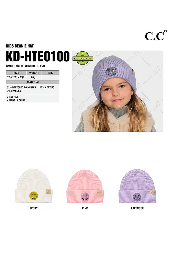 C.C Kids Smile Face Rhinestone Beanie - Lavender