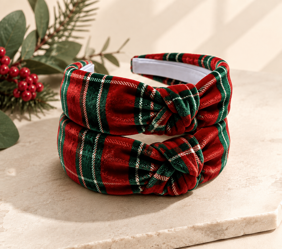 Velour Knot Headband - Merry Tartan