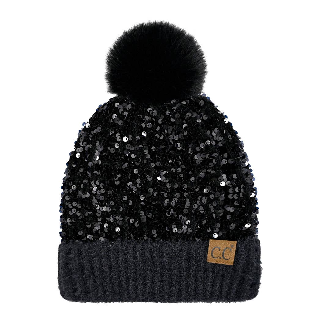 Women's - Glitter Sequined Cuff Beanie with Pom Pom - Black