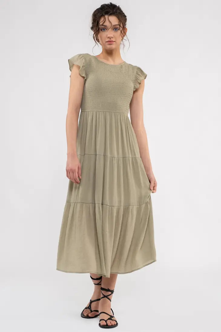 Women's Smocked Tiered Midi Dress | Olive