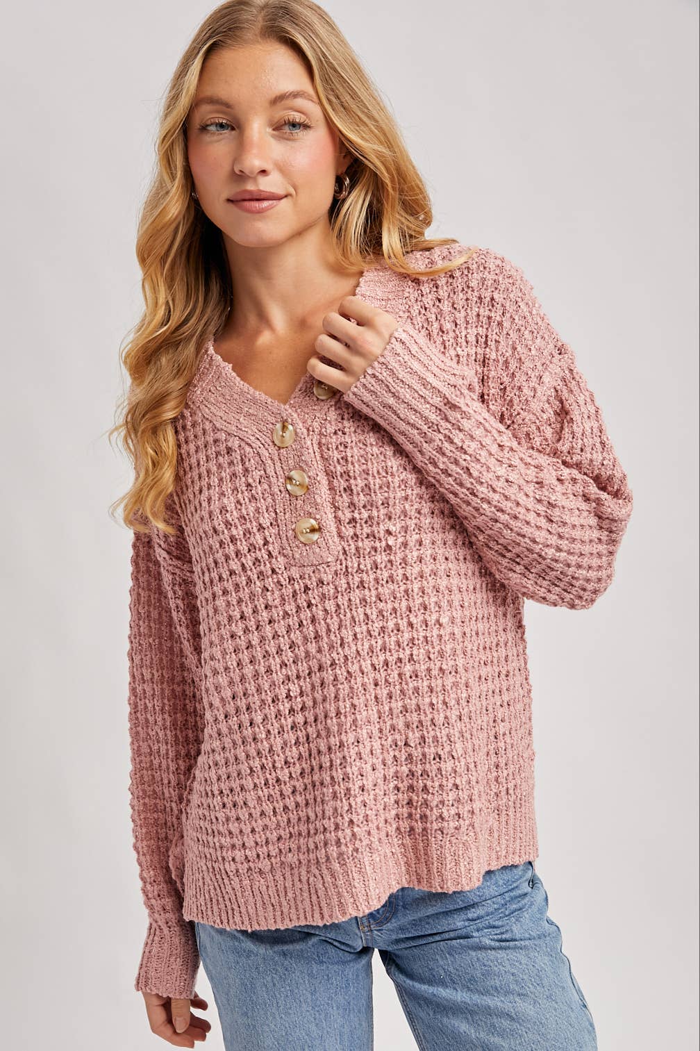Women's Thermal Henley Sweater - Rose