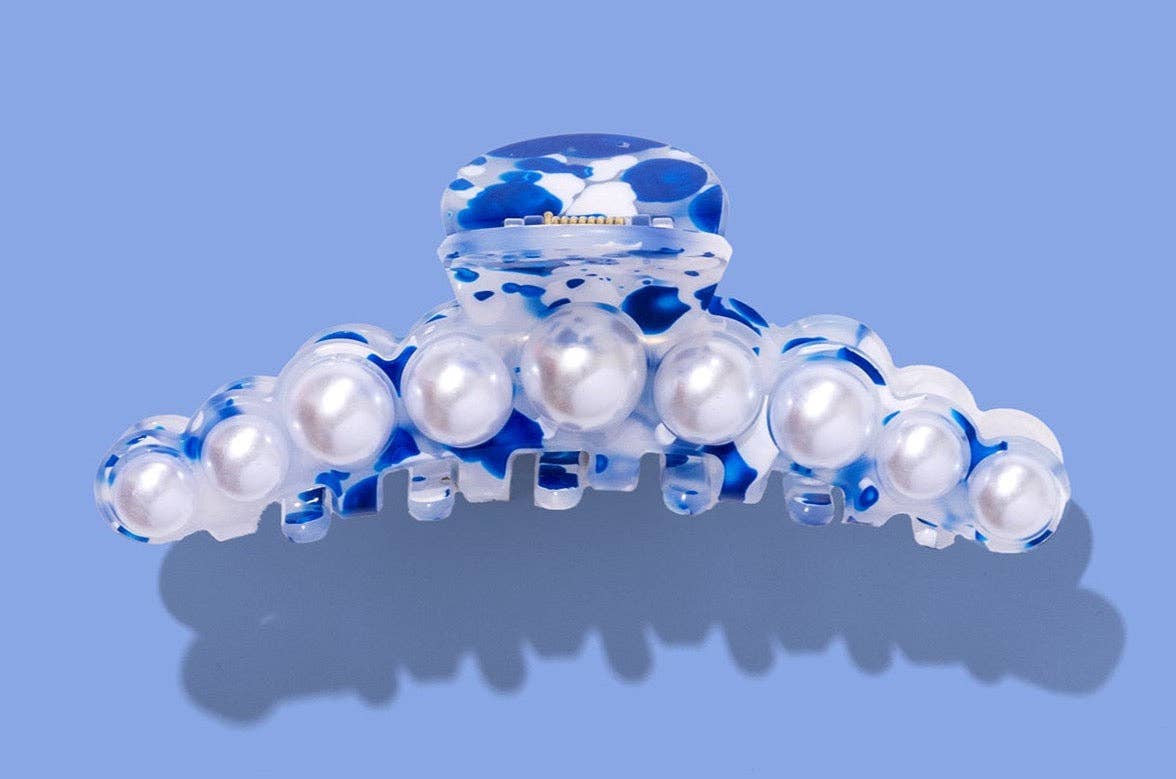 Claw Hair Clip - Blue + White Pearls