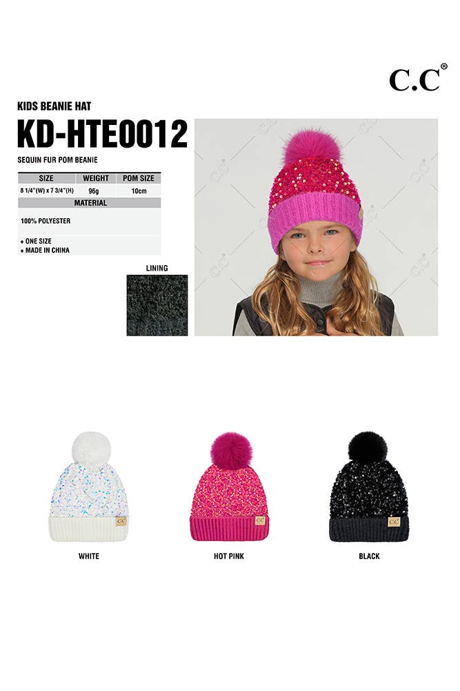 C.C Kids Sequin Fur Pom Beanie - White