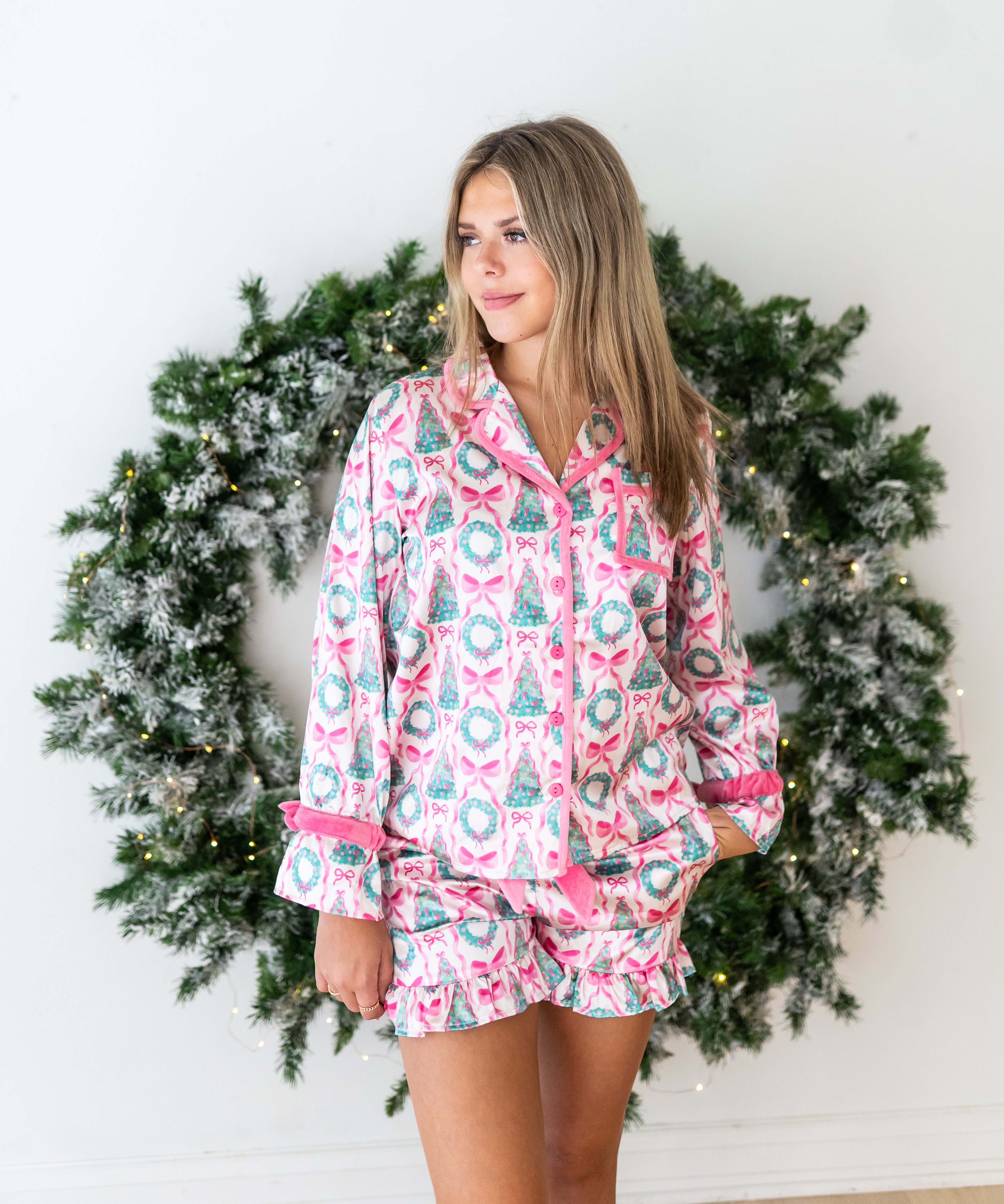 Women's Satin Loungewear Set - Wreath & Wonder (Pre-Order)