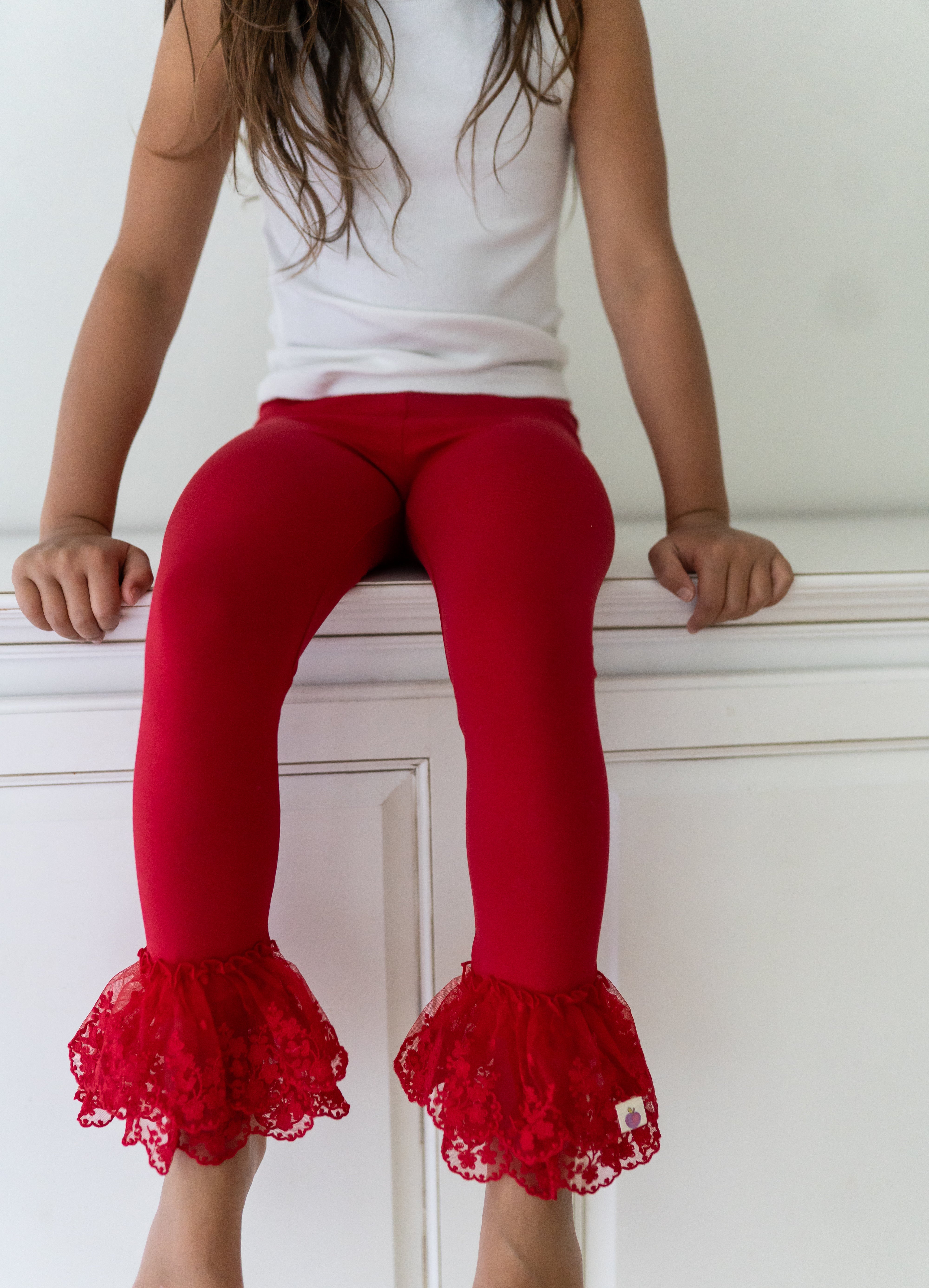 Lace Ruffle Leggings - Red