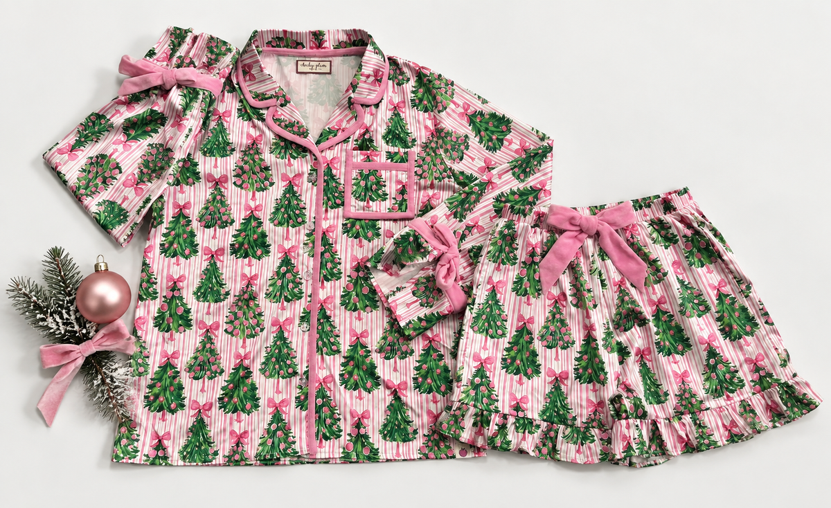Women's Satin Loungewear Set - Merry Pink Pines (Pre-Order ships early November)