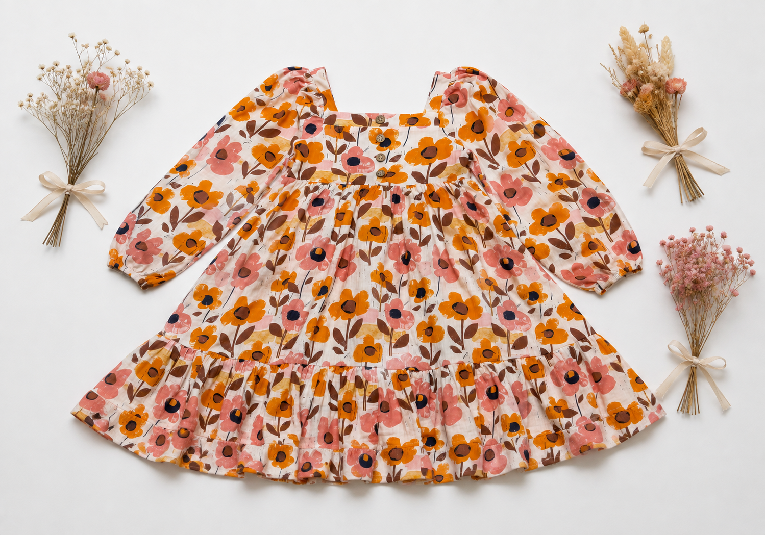 Puff Sleeve Gauze Dress - Goldenrod