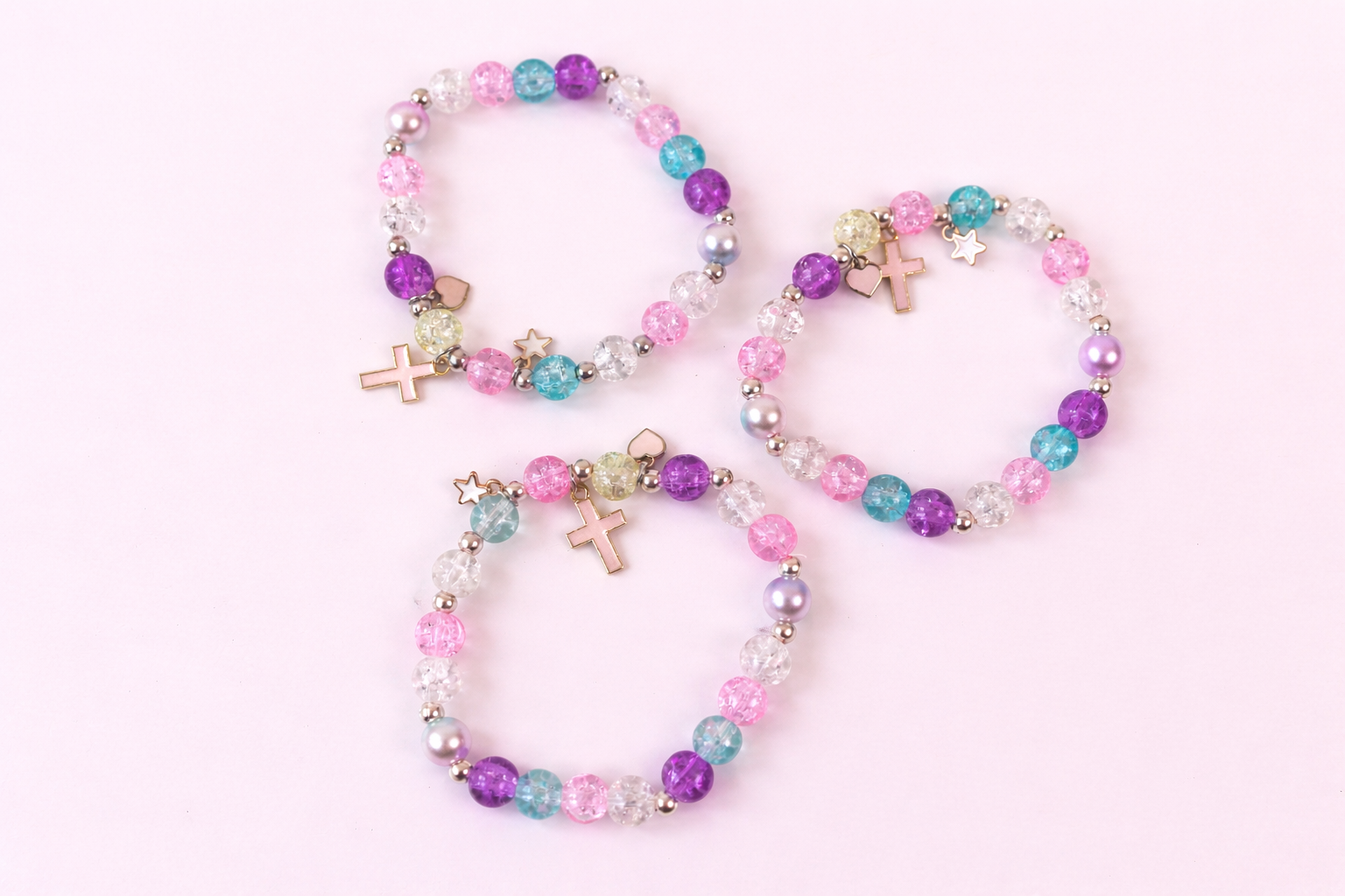 Crushed Glass Bead Stretch Bracelet - Cross
