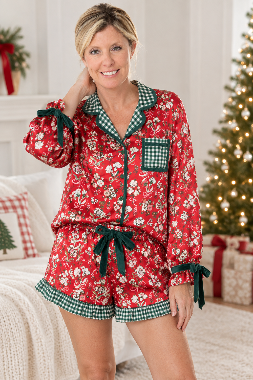 Women's Satin Loungewear Set - Merry Magnolia (Pre-Order ships early November)