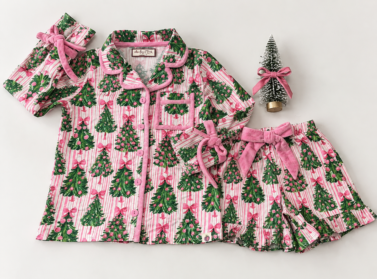 Satin Loungewear Set - Merry Pink Pines (Pre-Order ships early November)