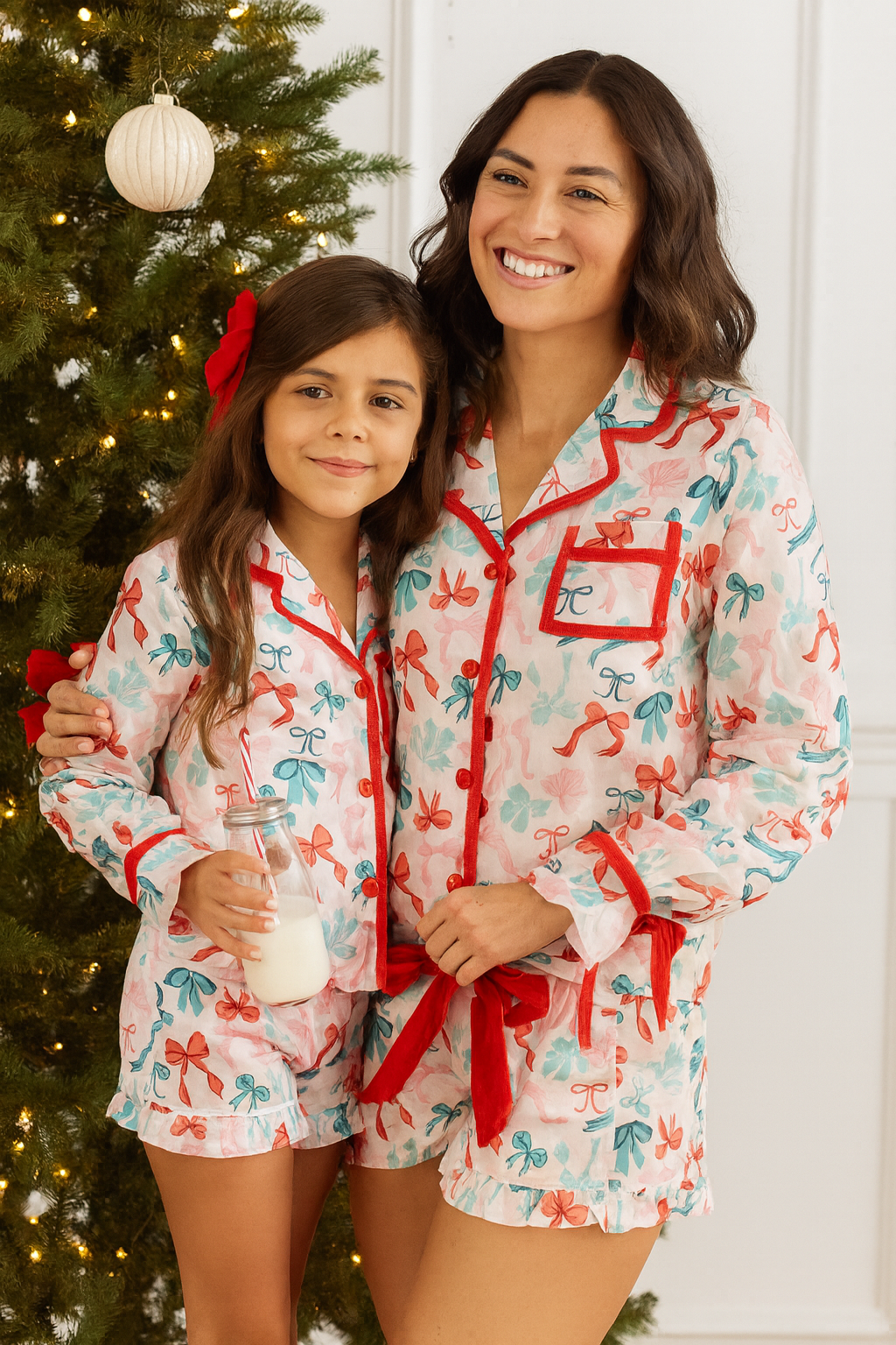 Women's Satin Loungewear Set - Peppermint Ribbons (Pre-Order)