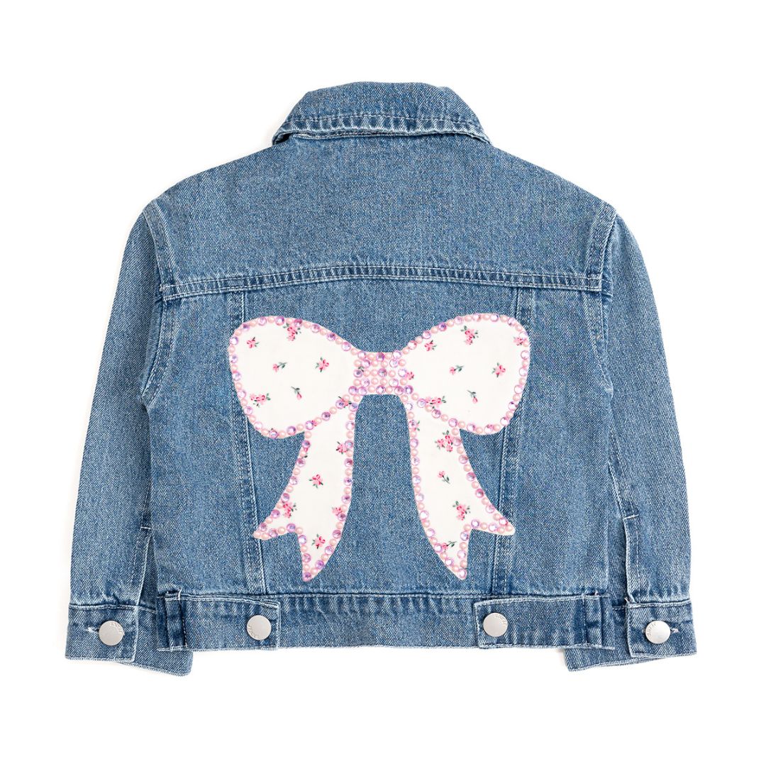 Sweet Wink Denim Jacket - Pearl and Gemstone Floral Bow Patch
