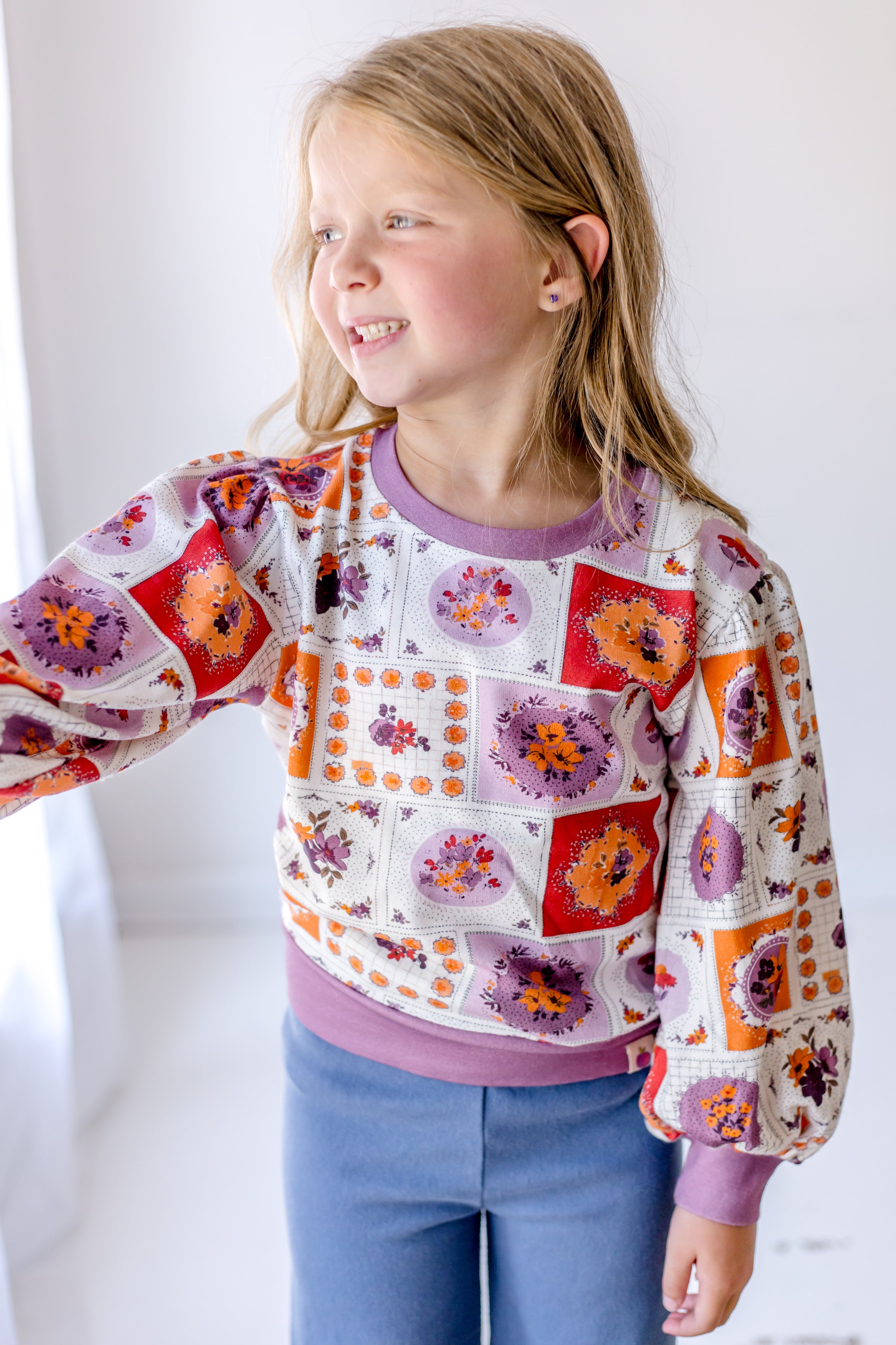 Opal Puff Sleeve Sweater -Patchwork Peonies