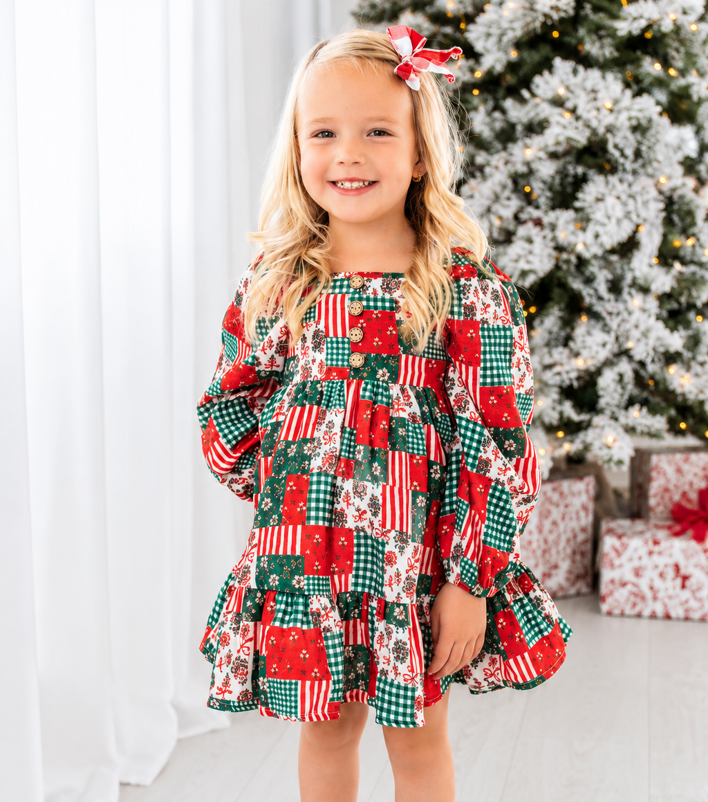 Puff Sleeve Gauze Dress - Holiday Quilt (Pre-Order ships end of October)