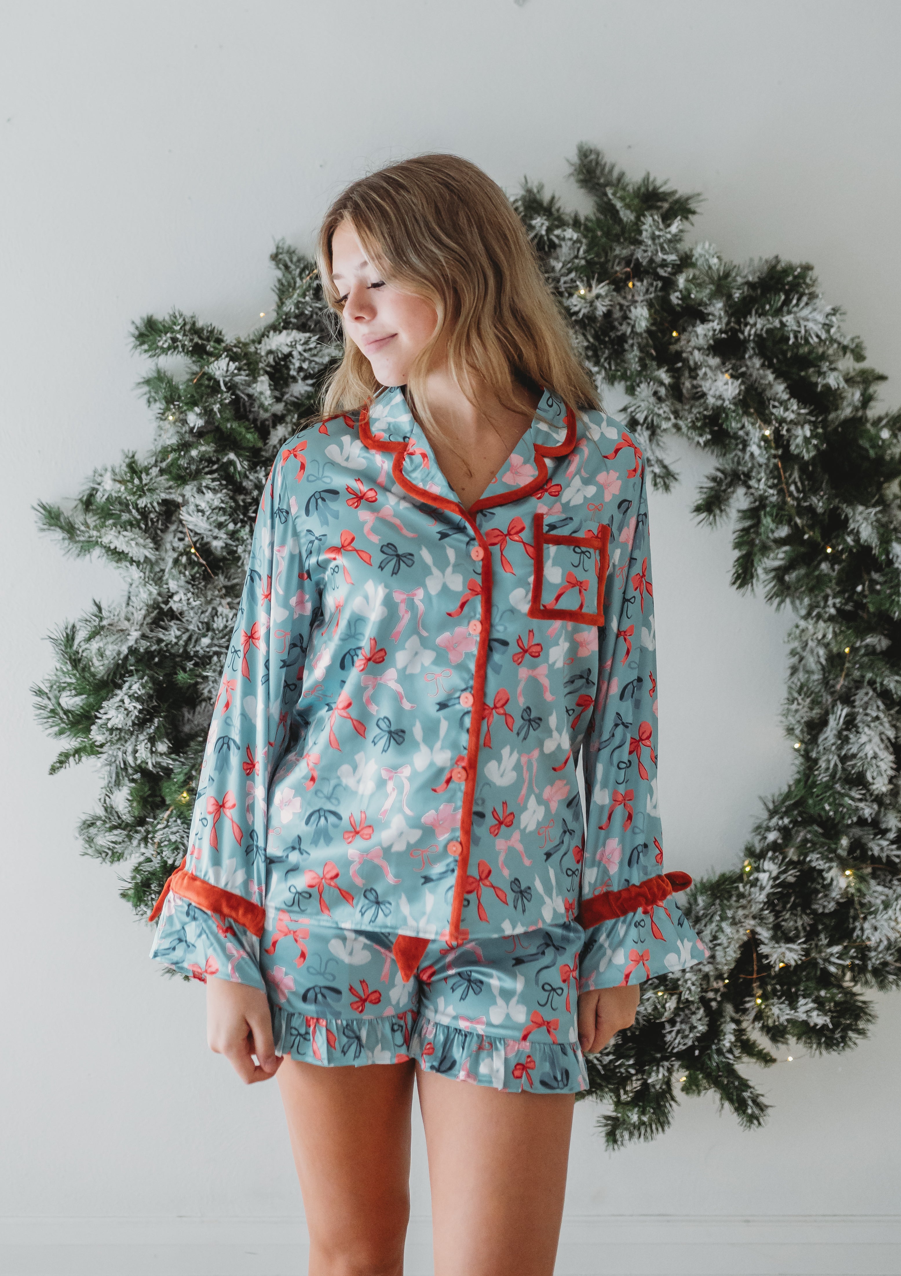 Women's Satin Loungewear Set - Merry Bows (Pre-Order)