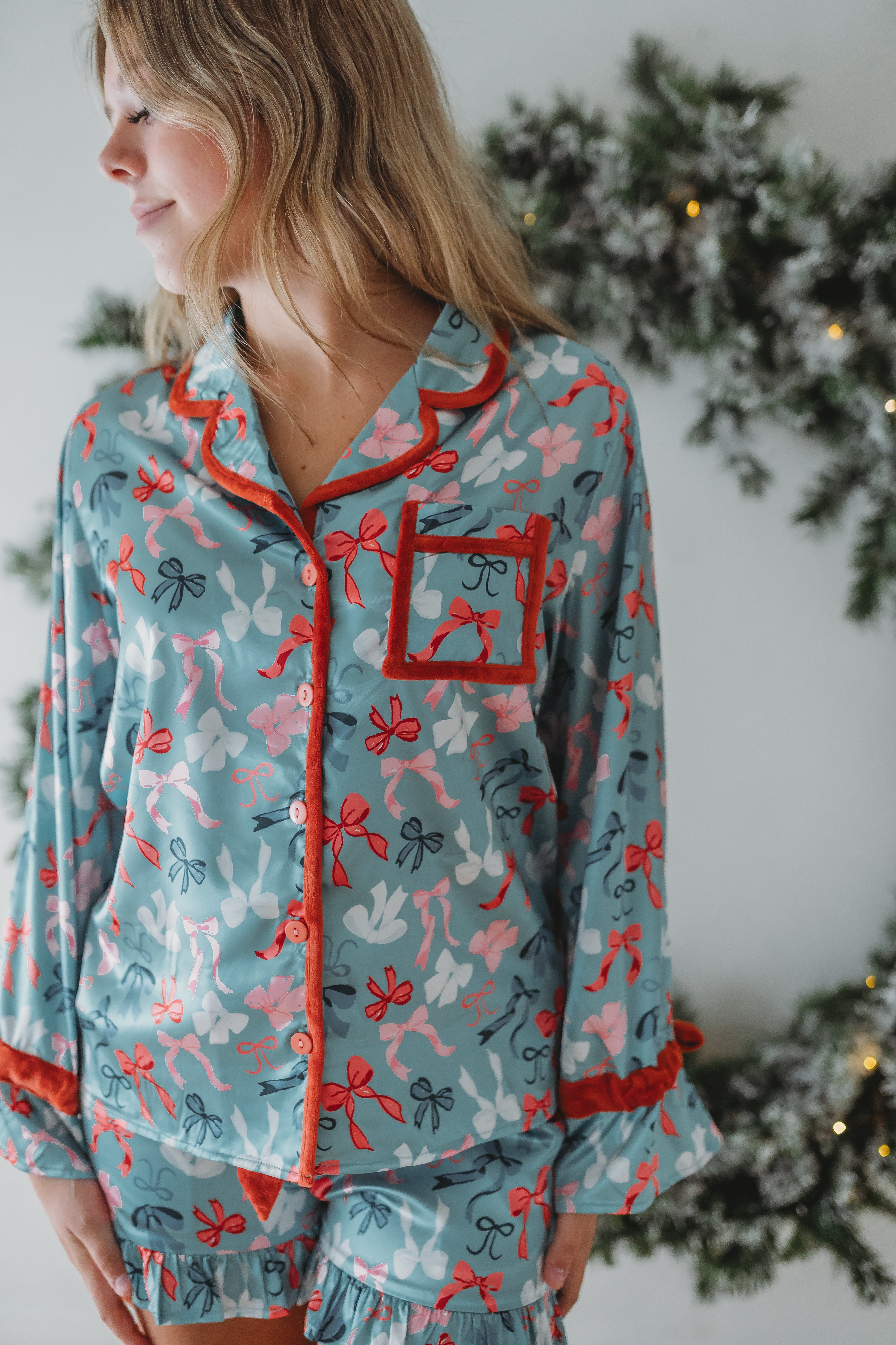 Women's Satin Loungewear Set - Merry Bows (Pre-Order)