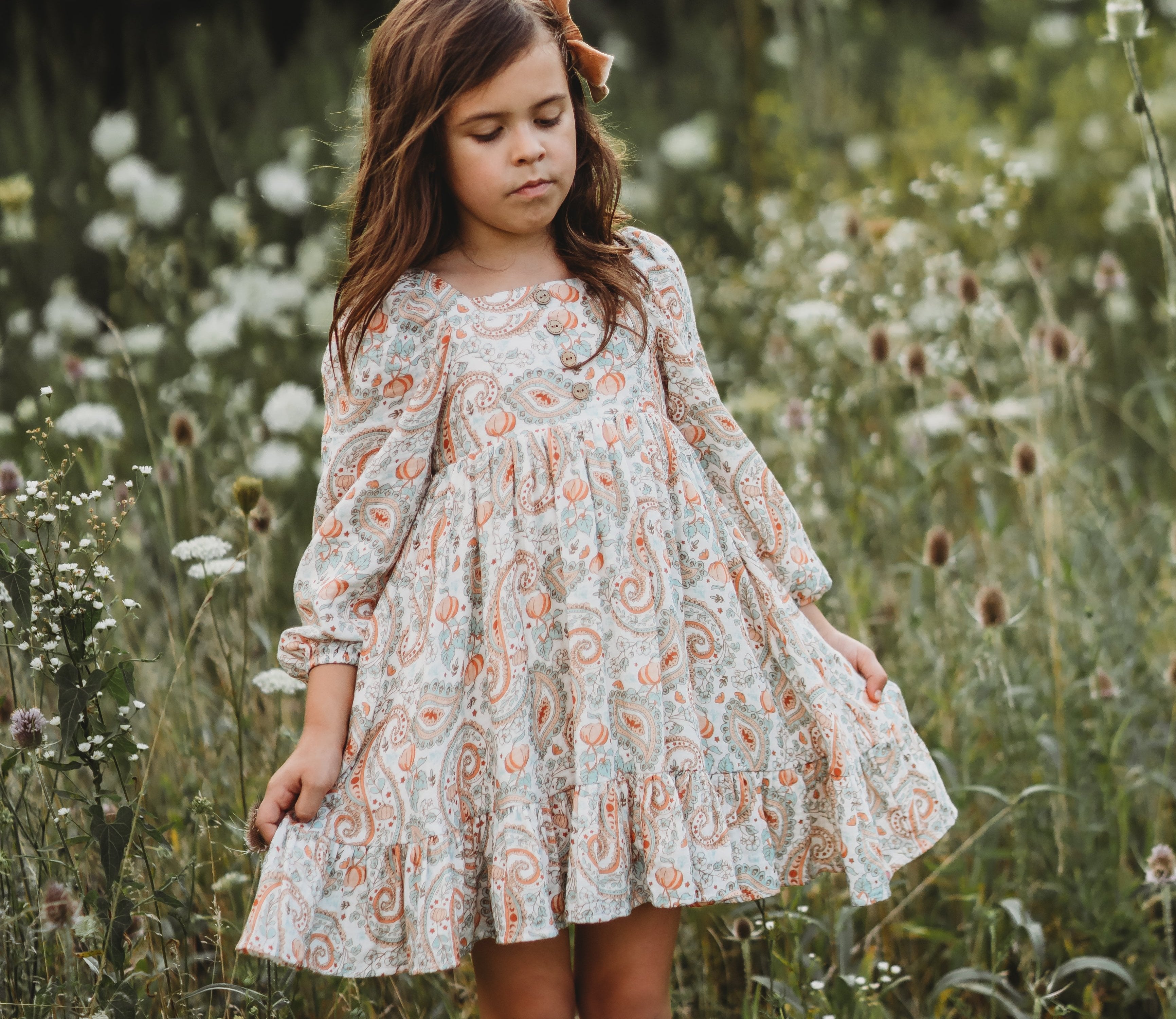 Puff Sleeve Gauze Dress -Paisley Pumpkin Delight