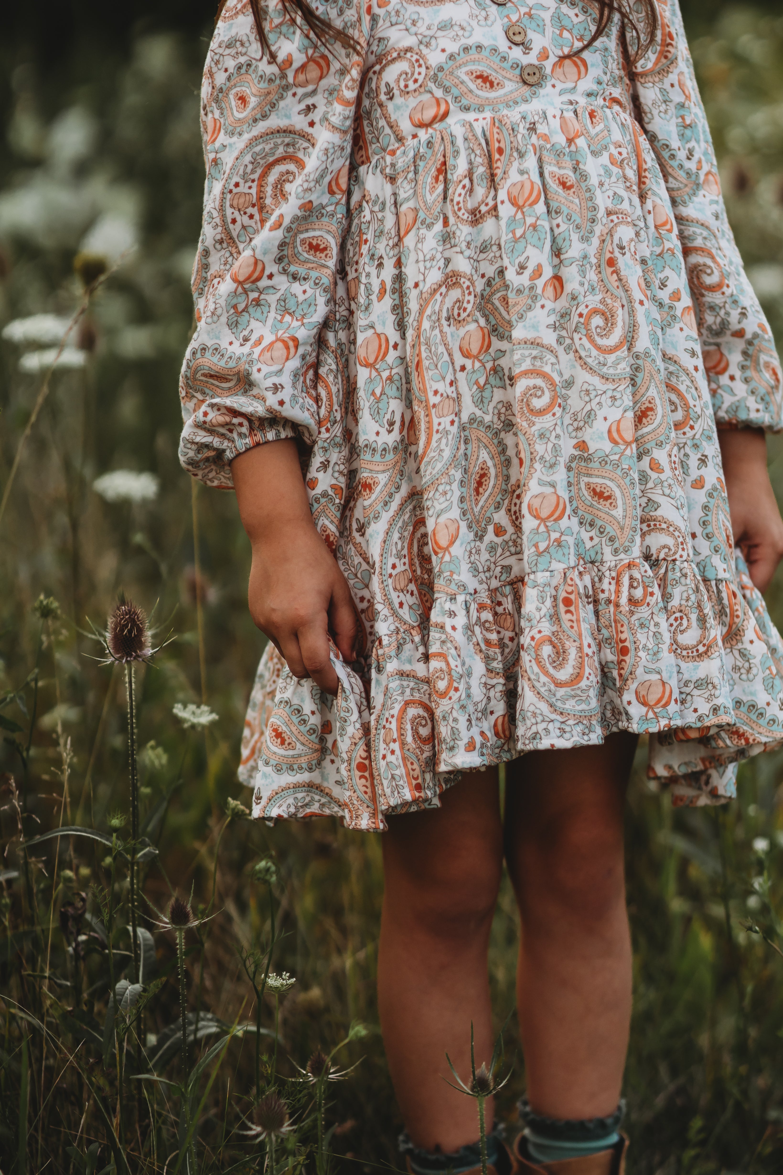 Puff Sleeve Gauze Dress -Paisley Pumpkin Delight