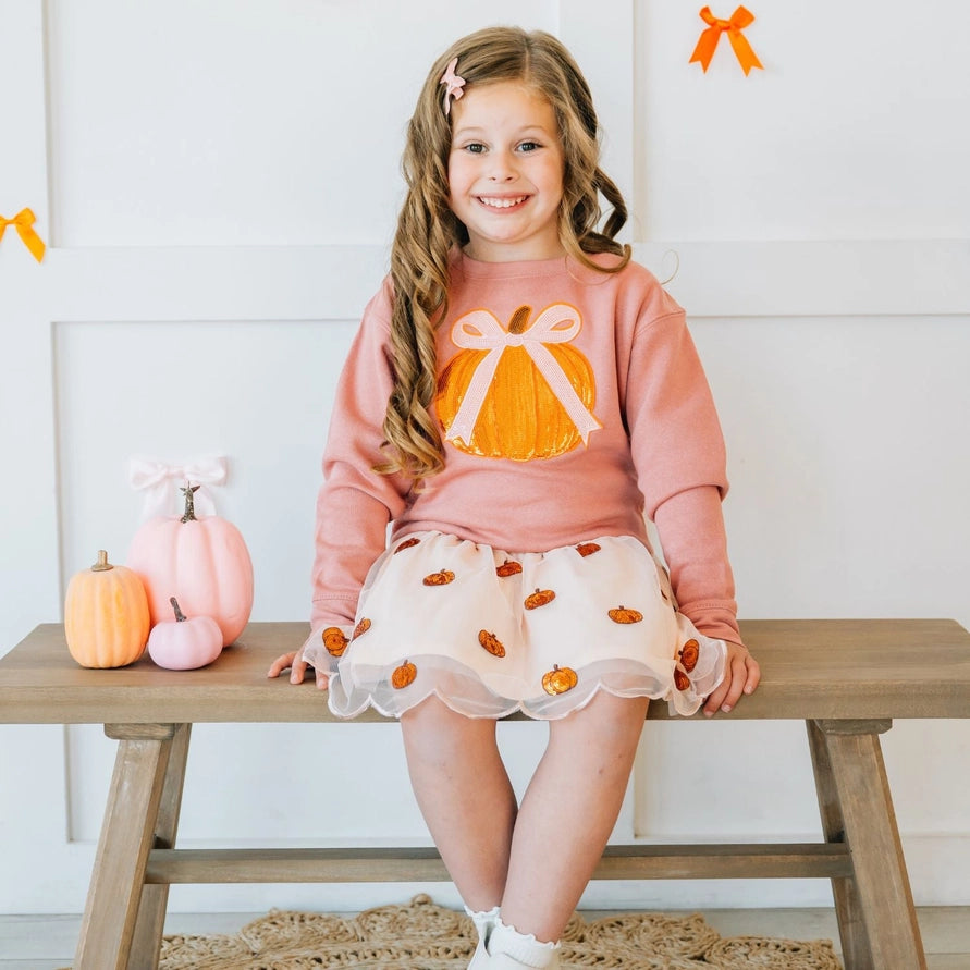 Sweet Wink Coquette Pumpkin Sequin Patch Sweatshirt - Dusty Rose