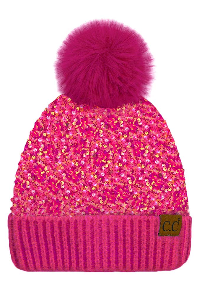 Women's C.C Sequin Fur Pom Beanie - Hot Pink (10 YR- ADULT)