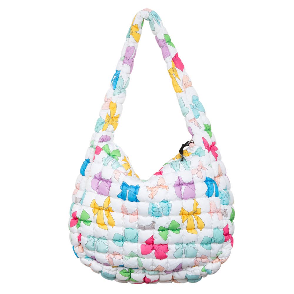 Multicolored Coquette Bows Wholesale Quilted Tote Bag: White