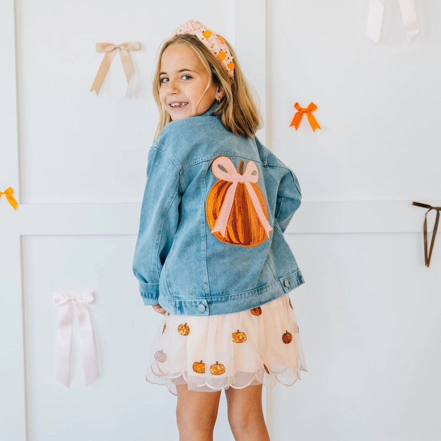 Sweet Wink Coquette Pumpkin Sequin Patch Denim Jacket
