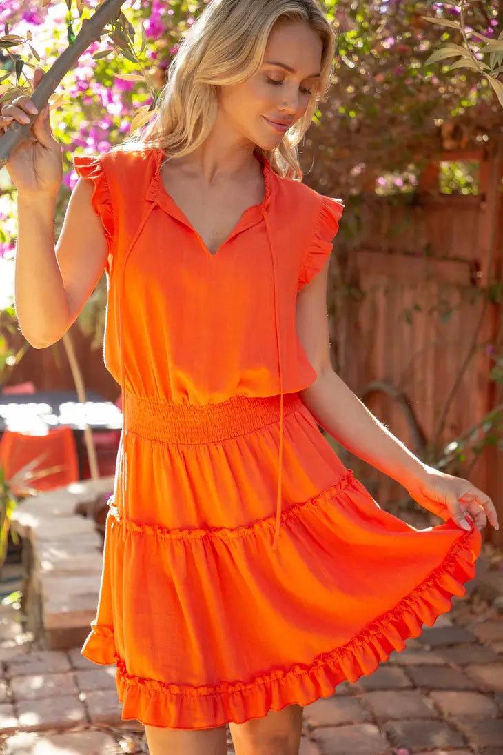 Woman's Christina Smocked Waist Ruffle Linen Dress | Tangerine