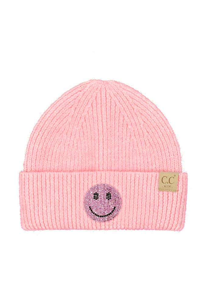 C.C Kids Smile Face Rhinestone Beanie - Pink